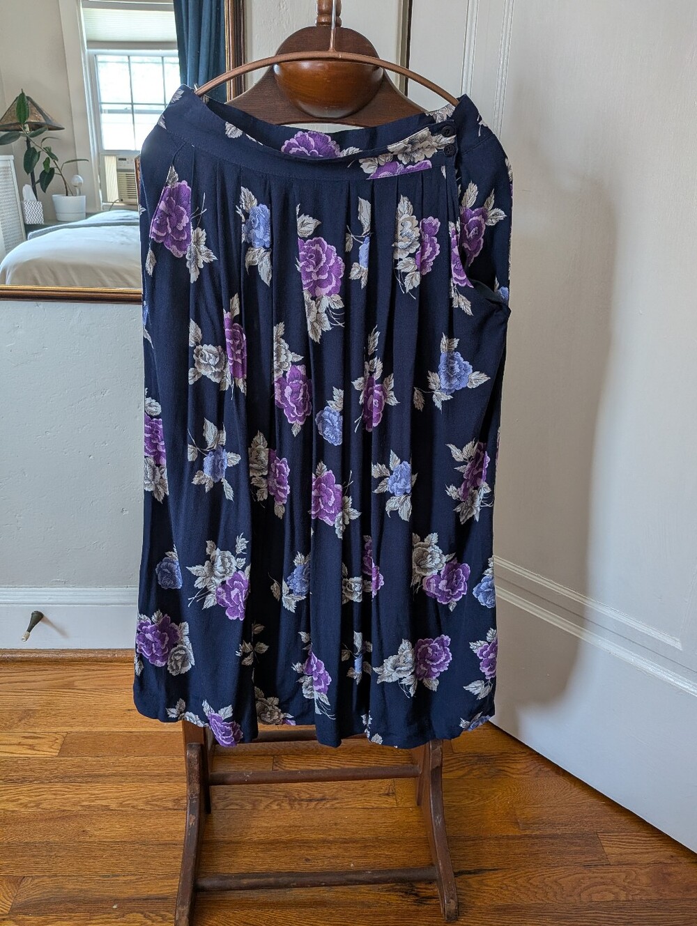 Michelle Stuart Navy Midi Skirt with Purple and Cream Floral Print